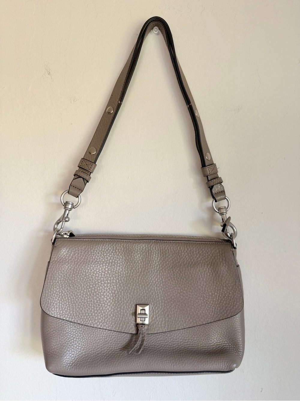 Rebecca Minkoff Darren Top Zip Shoulder Bag Textured Taupe Leather Turn Lock